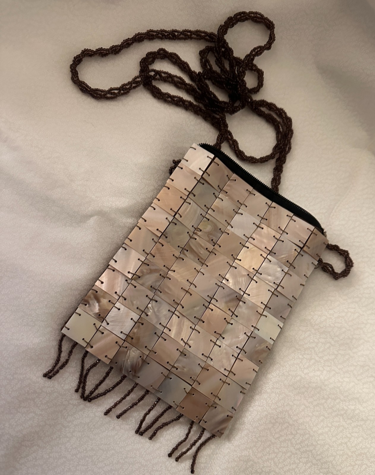 Vintage Original MAD Bags Mother of Pearl Tile Mini Purse w/ Beaded Strap