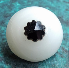 Antique Swirlback Charmstring Button ~ Milk Glass w/ Faceted Black Glass Coronet