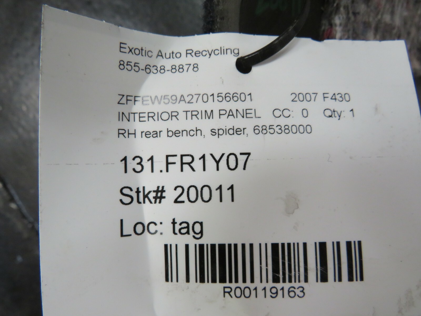 Ferrari F430 Spider, RH, Right Rear  Interior Bench Panel, Used, P/N 68538100
