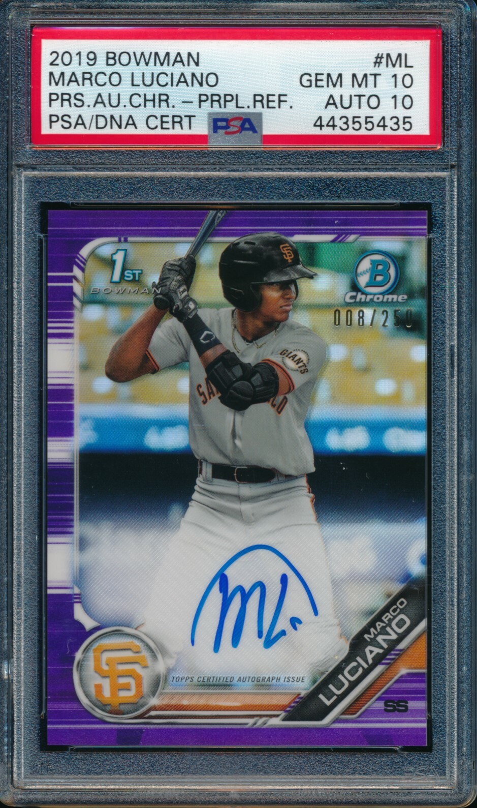 PSA 10/10 MARCO LUCIANO AUTO 2019 Bowman Chrome PURPLE REFRACTOR #/250 GEM MINT