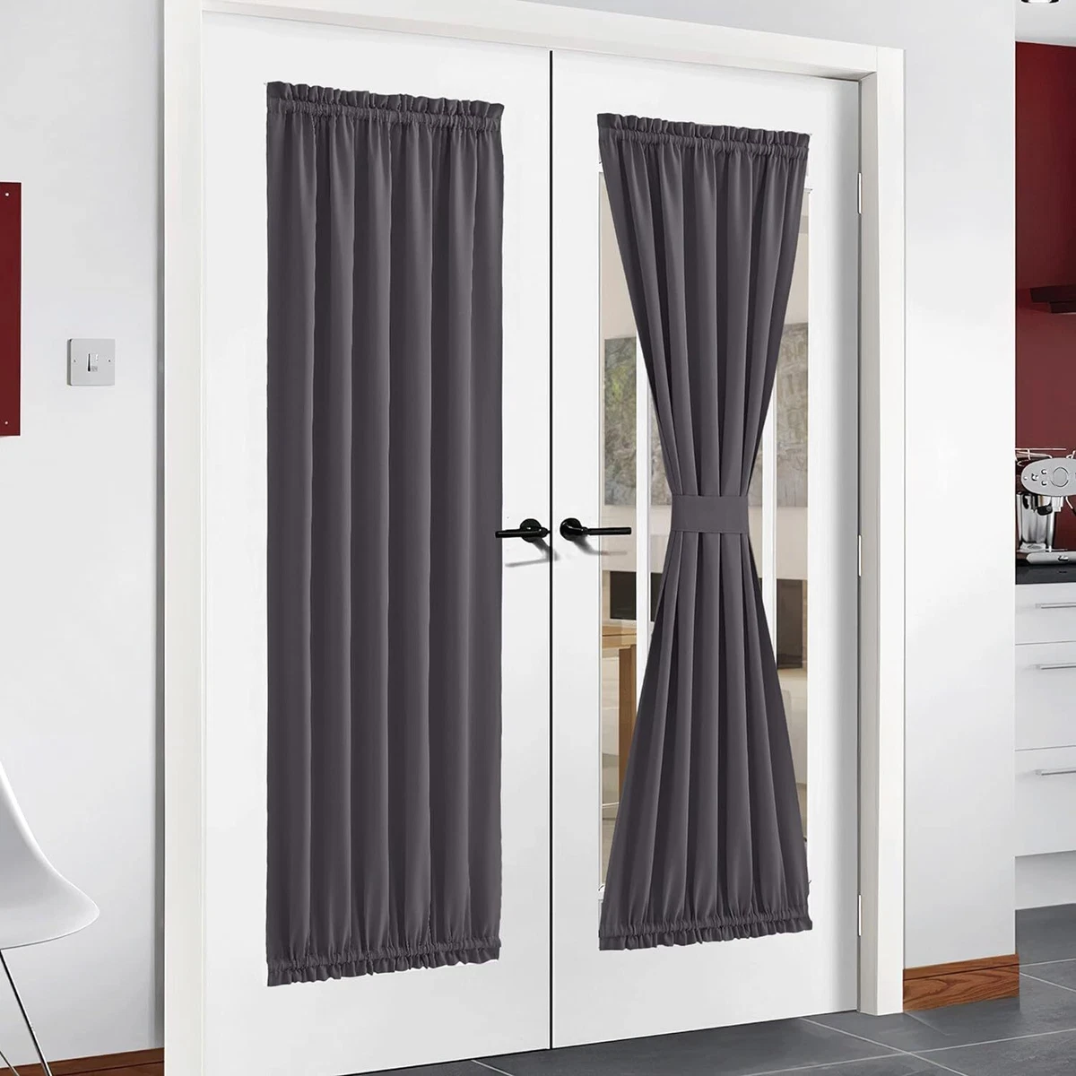 Nicetown Grey French Door Curtains With Top And Bottom Rod Pocket Blackout