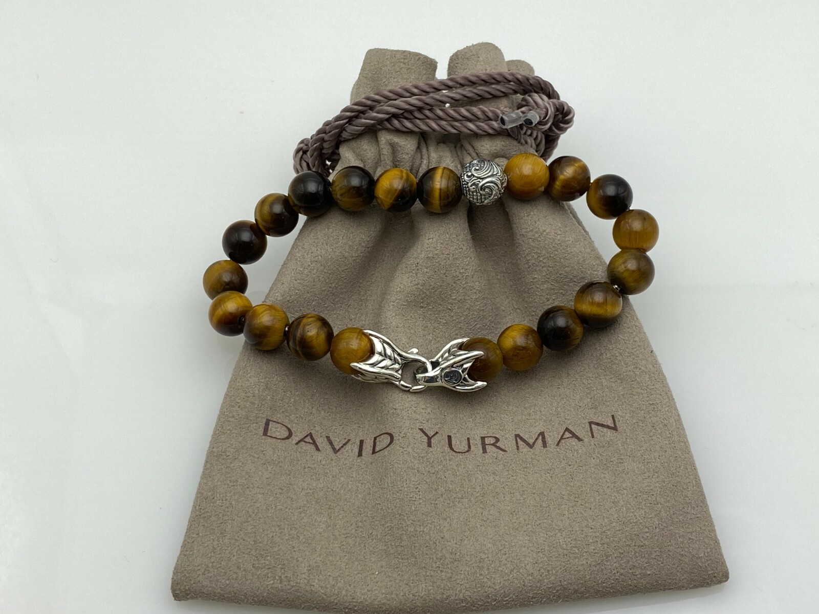 David Yurman 8mm Tiger Eye Spiritual Bead Bracelet with Silver Wave Bead 7.5in