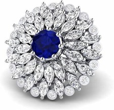 Marquise Round Cut CZ Blue Sapphire Cluster Cocktail Flower Design Ring