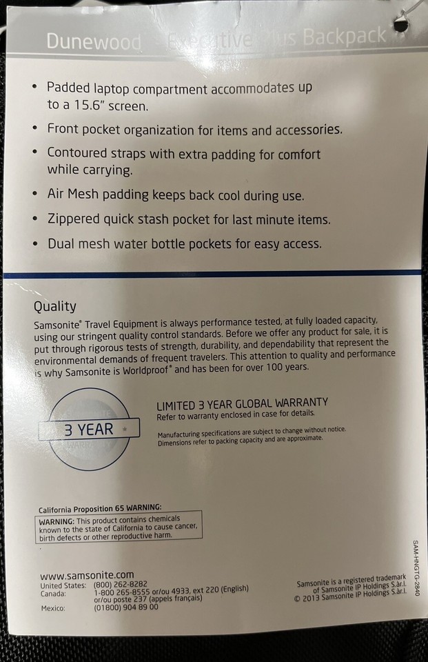 Samsonite Dunewood Executive Plus Backpack,15.6" Laptop Black New With Tags!!! eBay