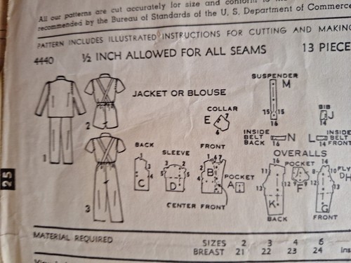 Bib Overalls Jacket Blouse Shorts 2 2T Advance 4440 Sewing Pattern Cut VTG 50s - Picture 6 of 7