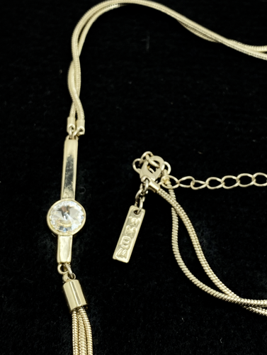 White House Black Market WHBM Y Necklace Crystal Tassel Silver Serpetine Chain