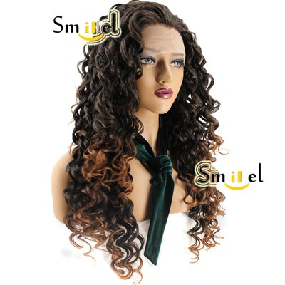 Women Spiral Curls Synthetic Hair Black Mix Brown Lace Front Wig
