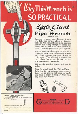 1923 Greenfield Tap & Die Ad: Little Giant Pipe Wrench - Nice Color & Detail