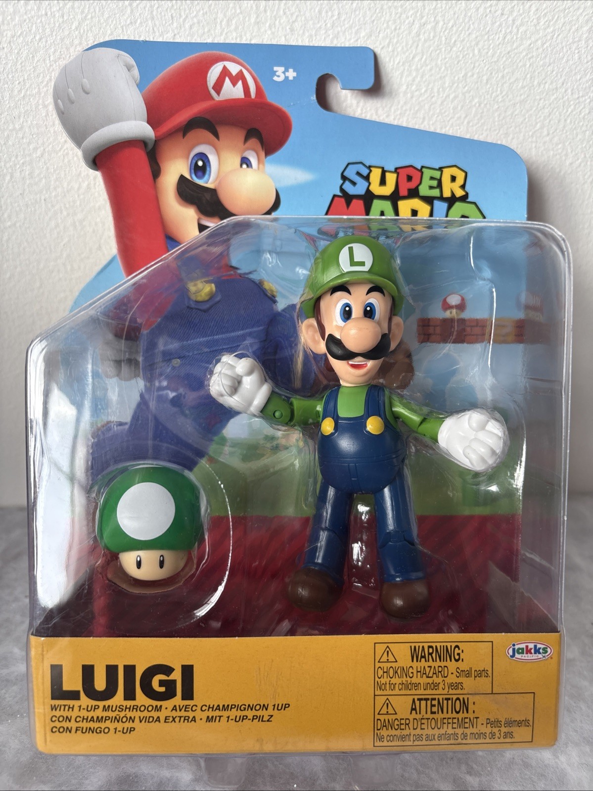Super Mario Luigi with 1-Up Mushroom 4'' / 10cm - Nintendo Jakks Pacific Figure
