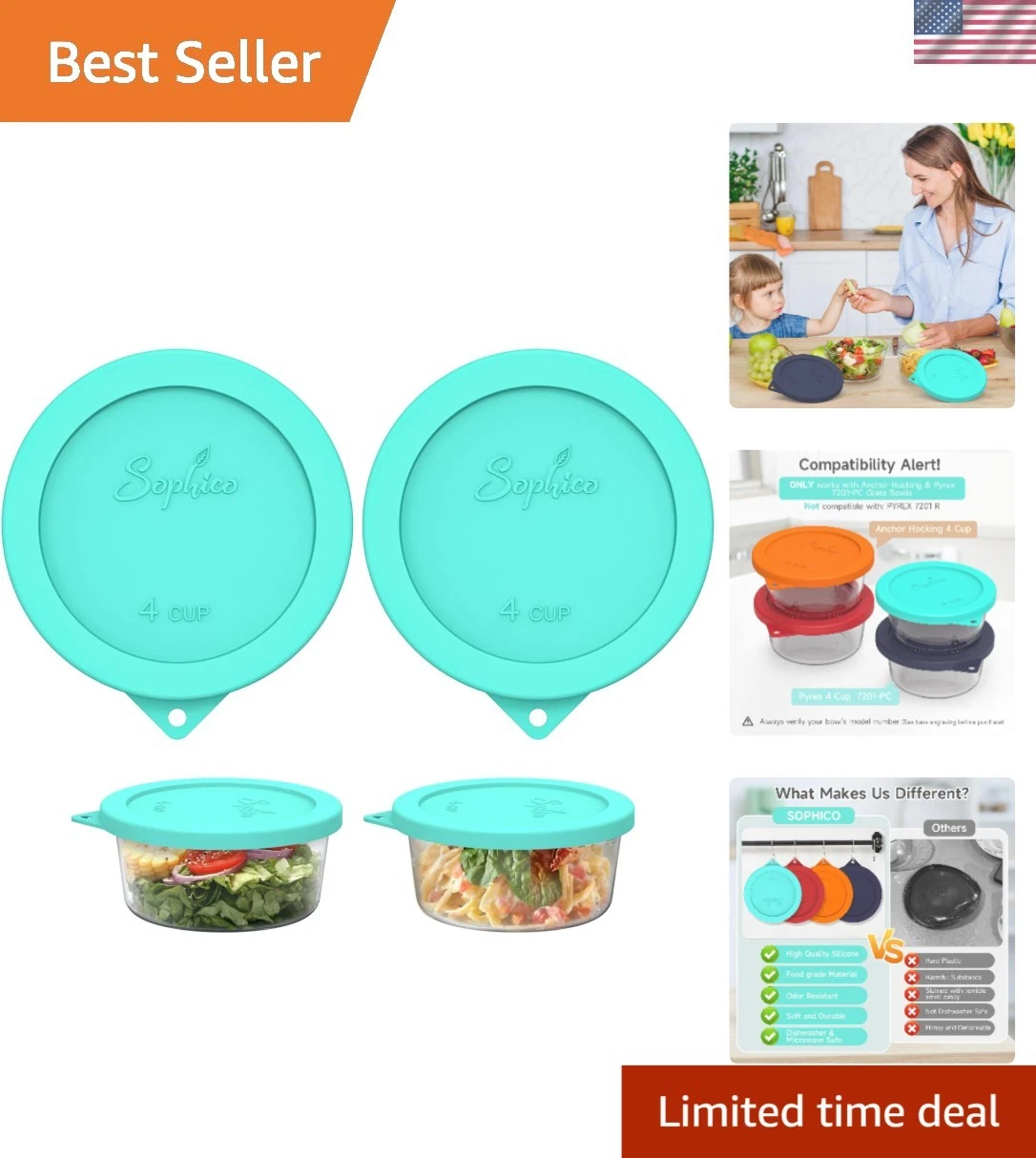 Silicone Storage Cover 4 Cup Round Lock Lid Replacement for Glass Bowls Mint ...