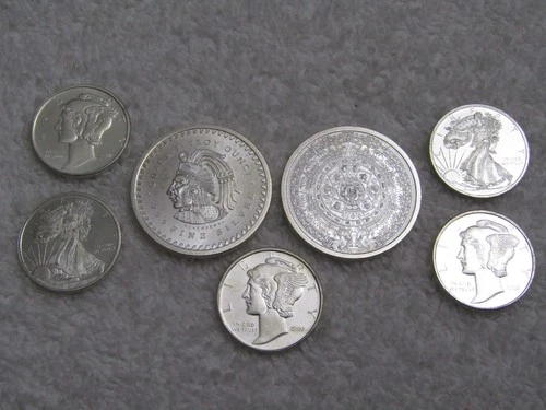 2 Aztec 1/4 Troy Oz. & 5 1/10 .999 Fine Silver Rounds Walking Liberty Mercury