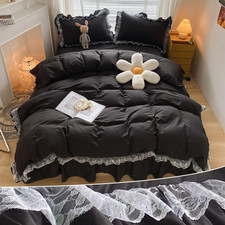Chic Ruffle Lace Polyester Duvet Cover Set -Girl Black Bedding-3 Piece Queen Duv