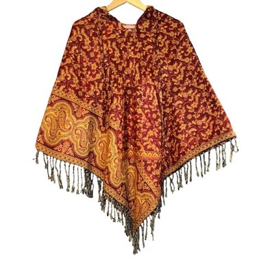 Coline Paisley Poncho One Sz Boho Hippie Fringe Blanket Hooded Red Gold Festival