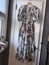 Anthropologie tiered Maxi Dress M Floral 100% Cotton White Pink Green Ruffle