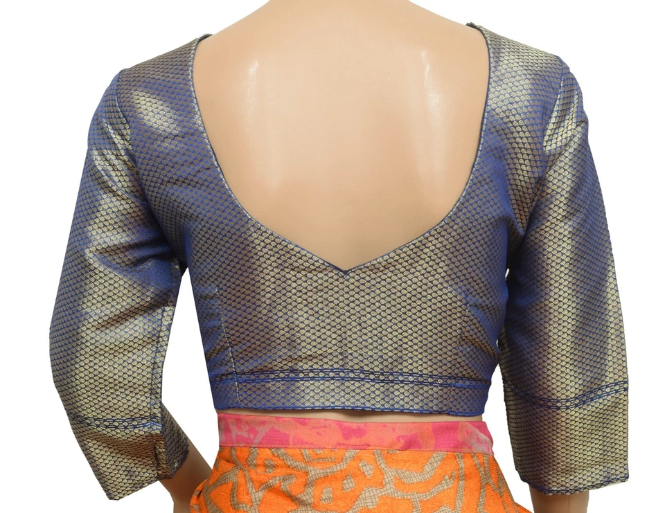 Blusa Sari Vintage Readymade Mujer Zari Brocado Seda Frontal Abierto Azul Choli 38 Foto 4 de 4