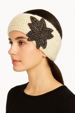 Beaded Statement Knit Headband Cream Boho Winter Ear Warmer One Size