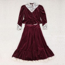 Vtg Gunne Sax Victorian Jacket Skirt Set Burgundy Velvet Lace Sz 11 Puff Sleeves