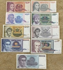 Lot of  9 Yugoslavia  banknotes, 1992-1993, free postage to all countries