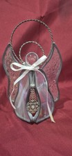 Stained Glass Angel 5.5 Inches Tall Irredescent Wings Bow Double Halo EUC