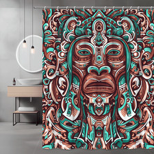 Abstract Tribal Face Shower Curtain Teal Brown Boho Graphic Print