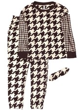 Womens Purple Fleece Houndstooth Check 3pc Pajamas Joggers Top Sleep Set