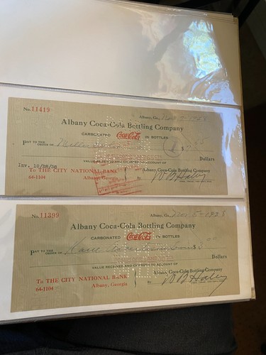 (5) vintage 1938 Albany Georgia Coca Cola Bottling Company cancelled checks