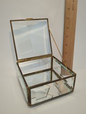 Vintage Glass  Brass Keepsake Jewelry Trinket Box Beveled Edge Mirror Bottom 5"