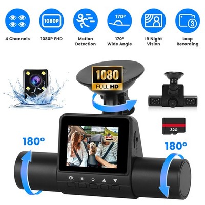 1080P Car Dash Camera Video DVR Recorder Front Inside Night Vision 4 Channel Cam