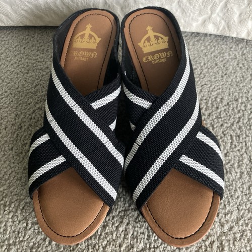 Crown Vintage Women’s Sz 8M* Slip On Sandals Stretch Band ~Cork Wedge~Blk/White - Picture 4 of 13