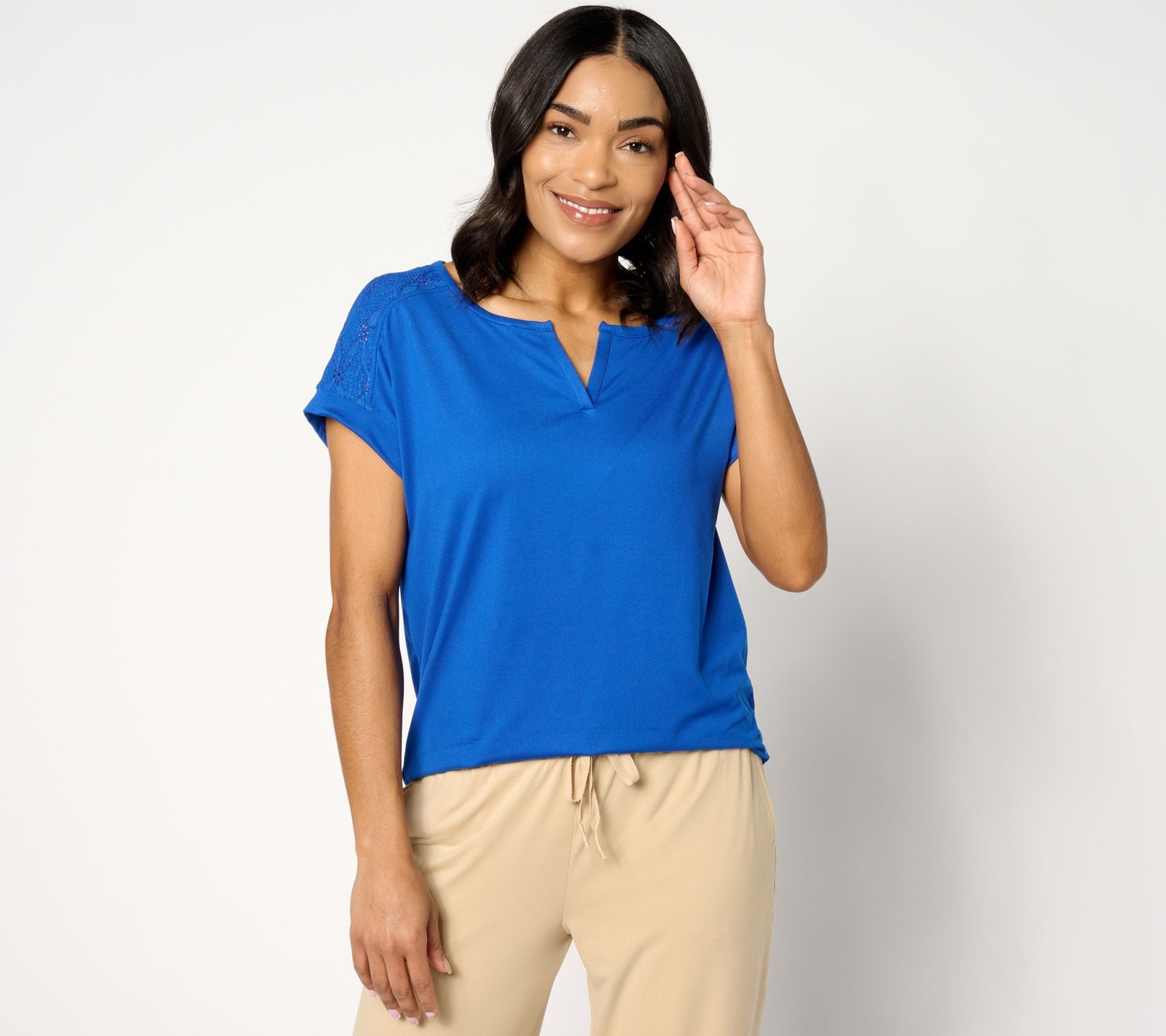 Cuddl Duds Women's Top Sz M Flexwear Tee Eyelet Detail Blue A637432
