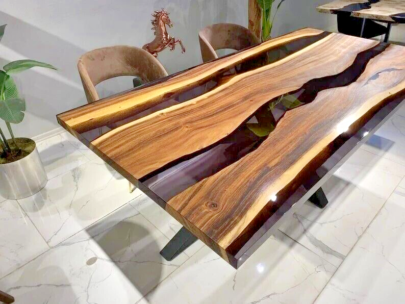 Clear Black Epoxy Live Edge Dining Table Top, Office Computer Desk Table Decors