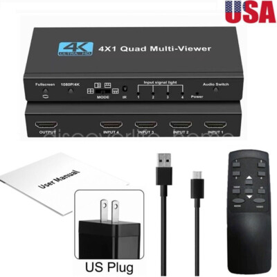 4K HDMI 4X1 Quad Multi-Viewer 4 IN 1 Out Multi Screen Splitter HDMI Switcher USA