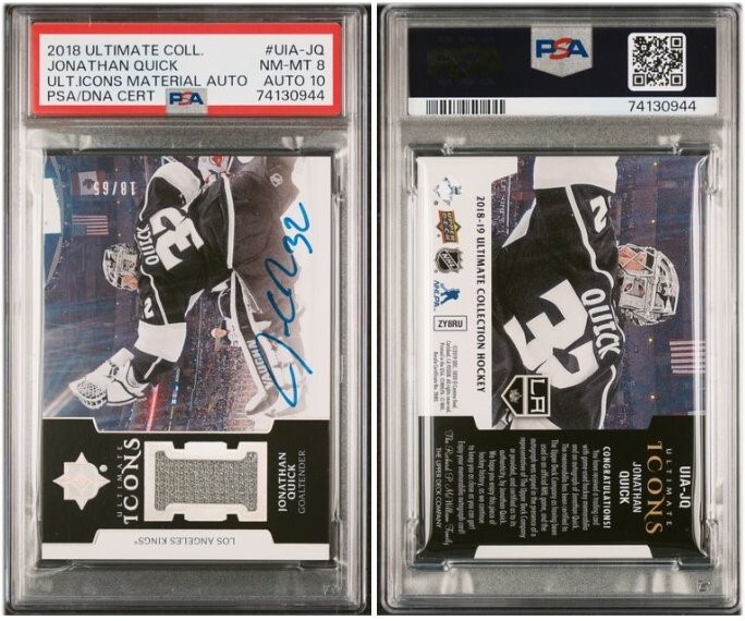 Nick Lodolo Los Angeles Kings Jonathan Quick 2018 Ultimate Collection Ultimate Icons Material Auto PSA 8 / 10 