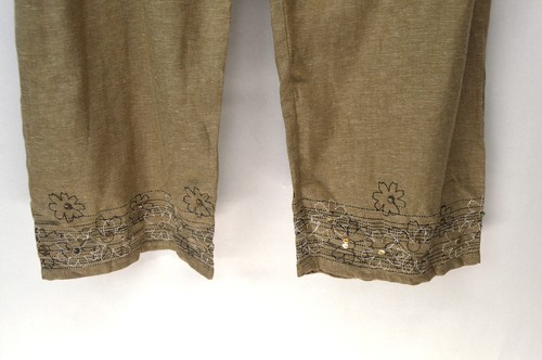 Linen Pants Womens L Beige White Stag Drawstring Boho Coastal Embroidered Flower - Picture 4 of 13