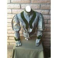 Antique Victorian Bodice 1890s Checkered Polka Dot Green Felt Boned Collar Puffy
