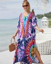 NEW Silky Maxi Dress BOHO Rainbow Tie Dye Flowy Design O/S Kimono