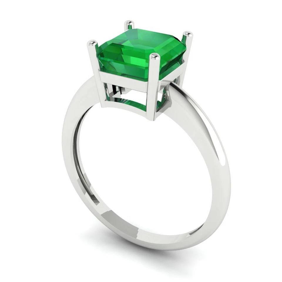 2 cttw Solitaire Simulated Emerald Engagement Ring - 14K Solid Gold (White Gold) - Image 2 of 4