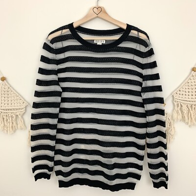 Reiss Black White Striped Mesh and Knit Top, size medium