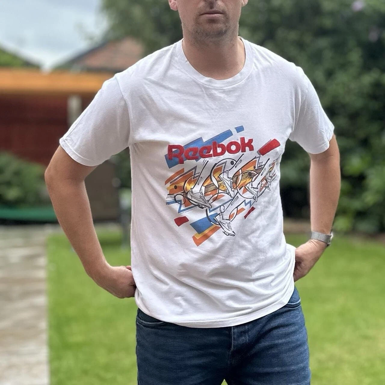 Reebok White TShirt Men's Size Large Retro Spellout 90s Round Neck Tee Shirt Top