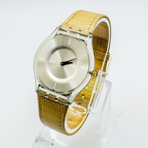 Vintage SWATCH Ultra Thin Wrist Watch Beige Genuine Leather Strap 1999 Y2K