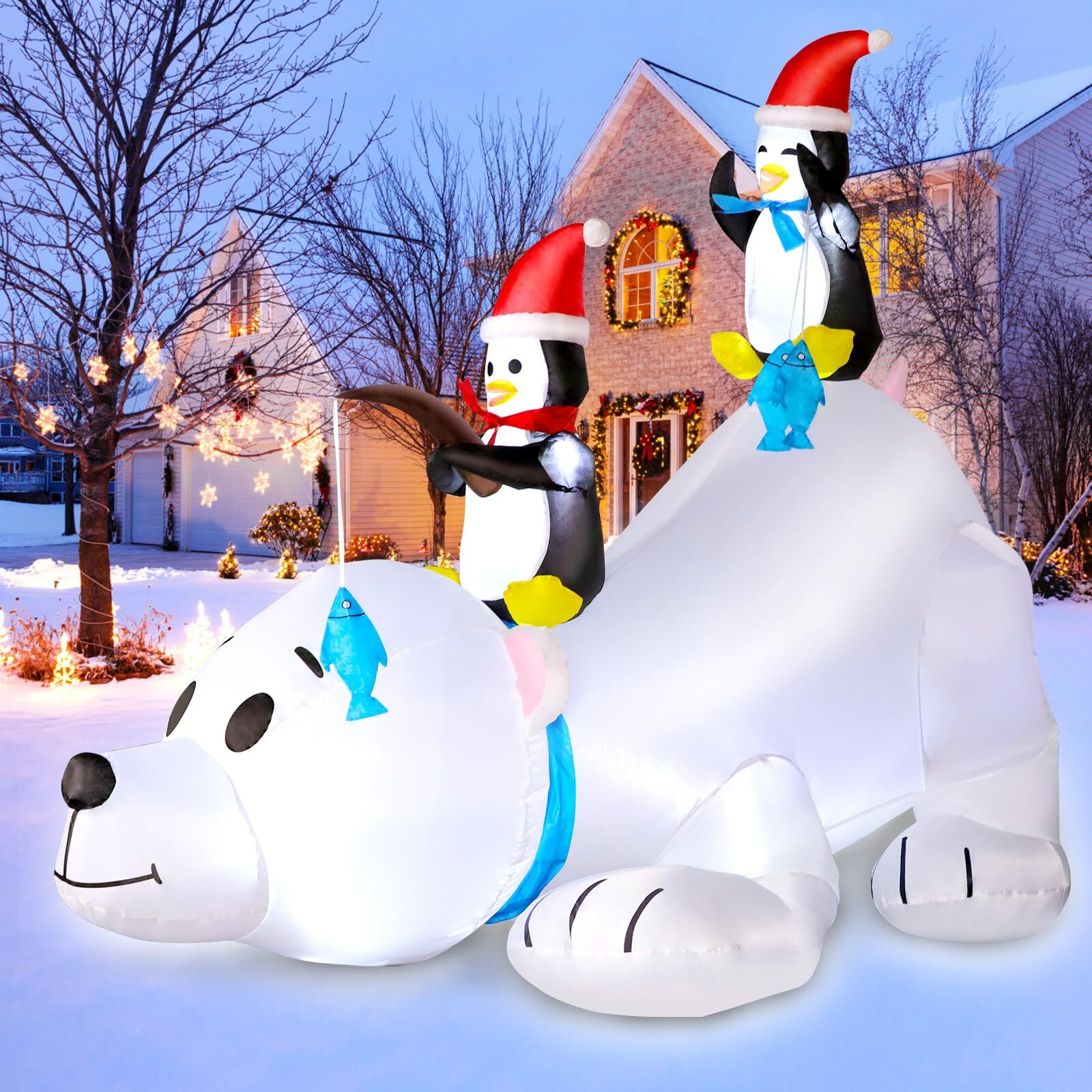 6FT Christmas Inflatable Polar Bear with Penguins Outdoor Decorations, Blow u...