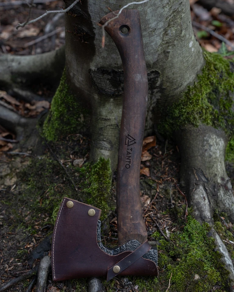 Hacha Bushcraft, hacha barbuda, hacha forjada a mano, hacha vikinga con funda de cuero, leñador Foto 3 de 4