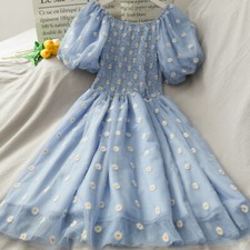 Donna Spalla Scoperta Abito Floreale Margherita Ruffle Rete Lolita Puff Maniche