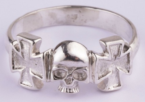 Skull Ring Viking 925 Sterling Silver Iron Cross Gothic Skeleton Biker Goth - Picture 5 of 13