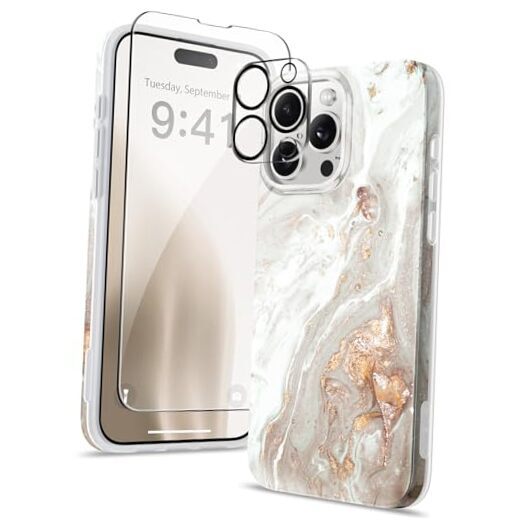 for iPhone 15 Pro Case with Screen Protector+Camera Lens Pearlescent/Gold