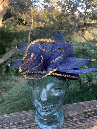 Vintage Navy Blue SUNBURST GOLD TIP Fedora Church Wedding Fedora Hat ❤️sj17j17 - Picture 3 of 8