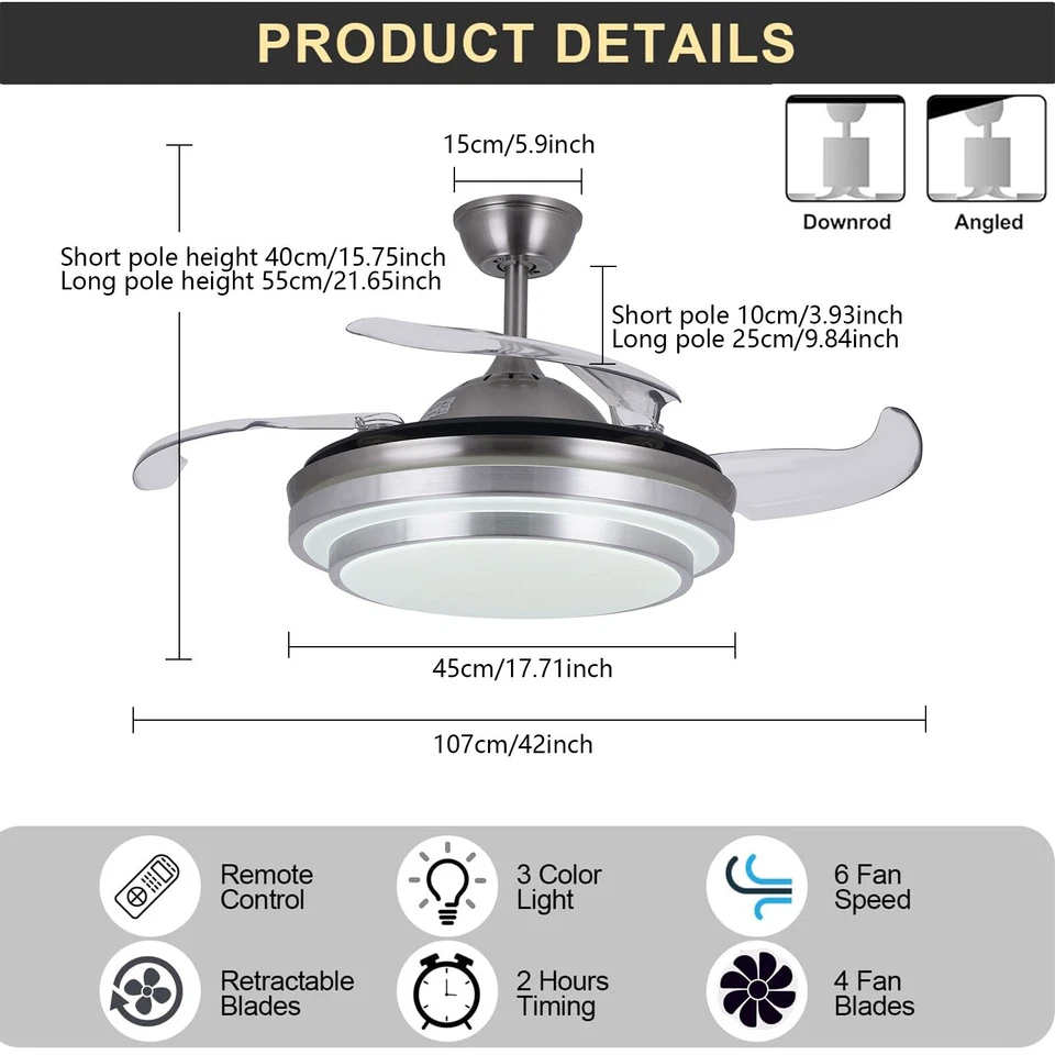 42" Retractable Ceiling Fan Lamp Dimmable LED Chandelier w/ Light Remote Control - Image 4 of 4