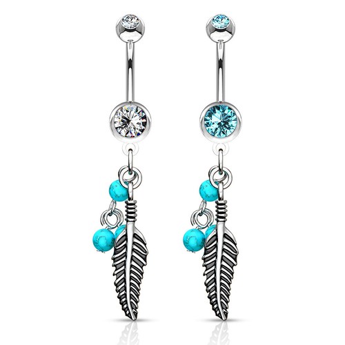 Feather With Blue Turquoise Dangle Surgical Steel CZ Navel Belly Button Rings