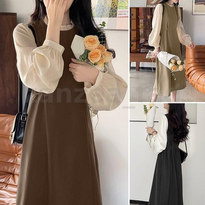 Fashion Womens Long Sleeve Dresses Fake 2 Piece Slim Fit Sundress Elegant Dress