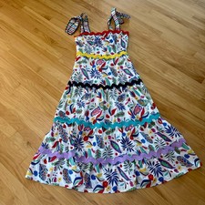 TWOTWINSTYLE Tropical Floral Tiered Summer Midi Dress Ric Rac Trim Women’s M